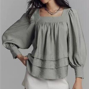 Maeve Gray Blouse with Voluminous Sleeves